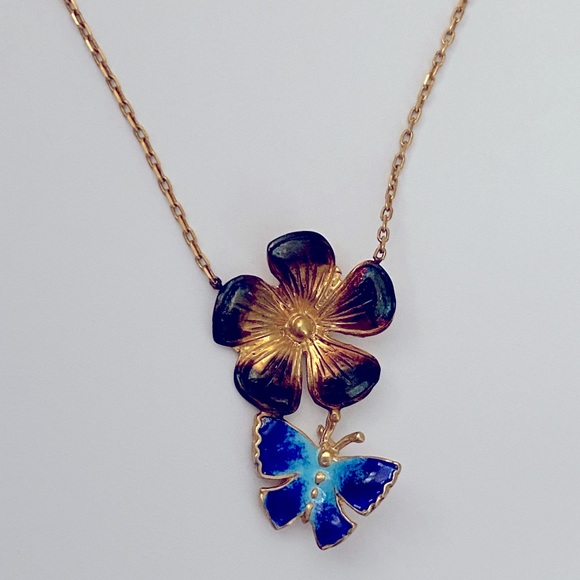 925 Silver blue enamel butterfly flower necklace yellow gold plated - Picture 4 of 4